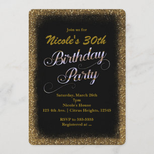 Birthday Party Black & Gold Glitzer Einladung