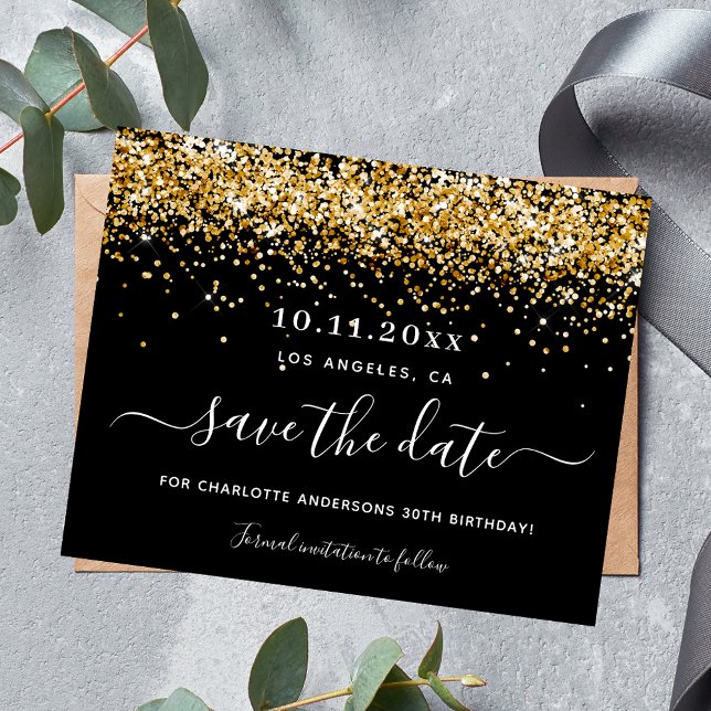 Birthday Party Black Gold Glitzer Save the Date (Von Creator hochgeladen)