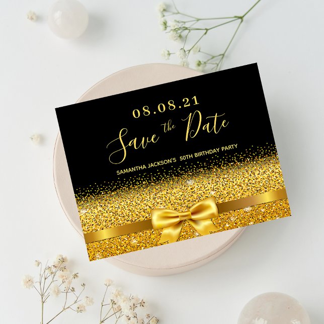 Birthday Party Black Gold Glitzer Save the Date Postkarte (Von Creator hochgeladen)