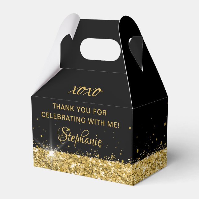 Birthday Party Black Gold Glitzer Staub Geschenkschachtel (Vorderseite)