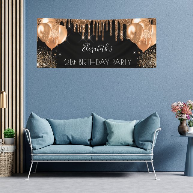 Birthday Party Black Gold Glitzer Tropfen Name Banner (Von Creator hochgeladen)
