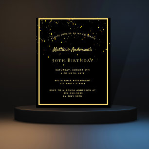 Birthday party black gold men budget invitation flyer