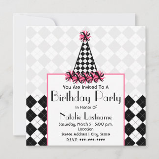 Birthday Party Black & Pink mit Raute Party Hat Einladung