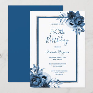 Birthday Party blauen floralen weiß silber Einladung