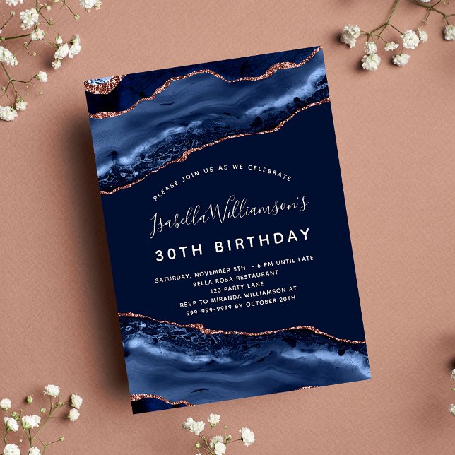 Birthday Party Blue Age Marmor Rose Gold Einladungspostkarte (Von Creator hochgeladen)
