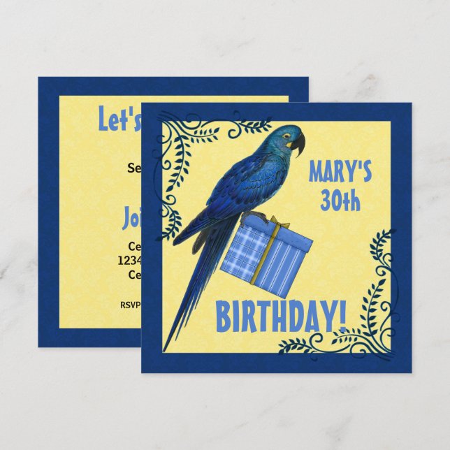 Birthday Party Blue and Yellow Macaw Parrot Einladung (Vorne/Hinten)