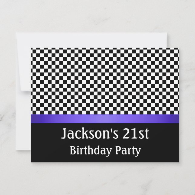 Birthday Party Blue Black & White Karo Muster Einladung (Vorderseite)