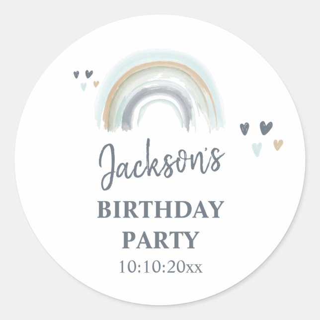 Birthday Party Blue Boho Rainbow Classic Round St Runder Aufkleber (Vorderseite)