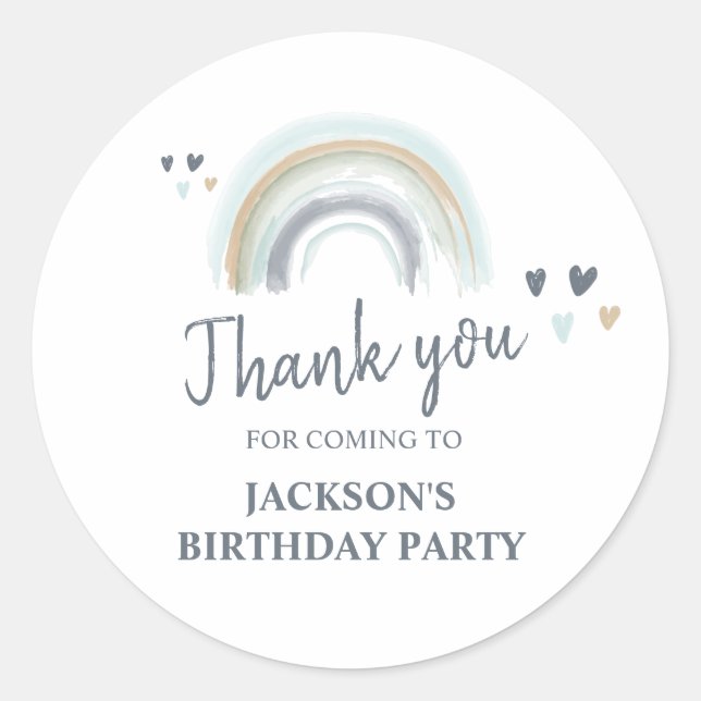 Birthday Party Blue Boho Rainbow Vielen Dank Runder Aufkleber (Vorderseite)
