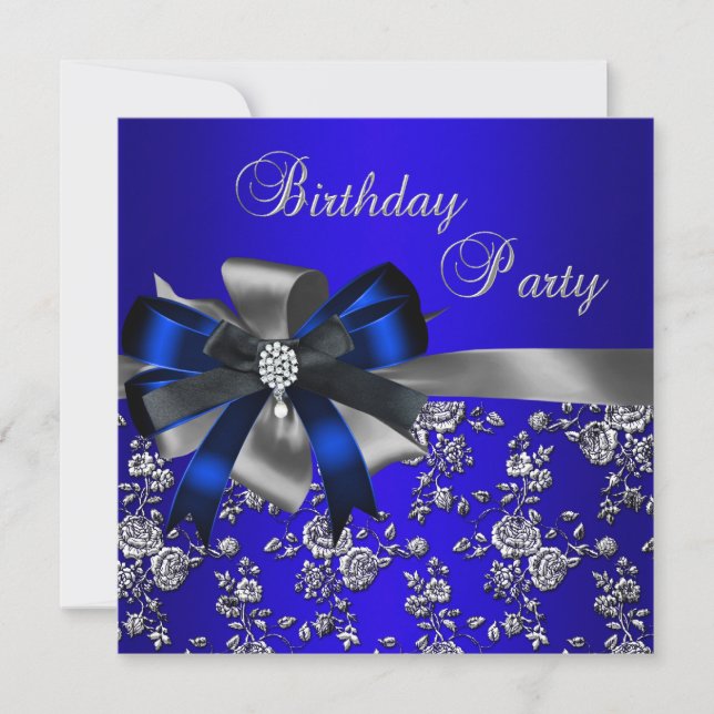 Birthday Party Blue Damask Pearl Silver Black Einladung (Vorderseite)