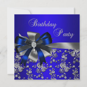 Birthday Party Blue Damask Pearl Silver Black Einladung