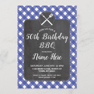 Birthday Party Blue Gingham Chalk GRILLEN Einladun Einladung