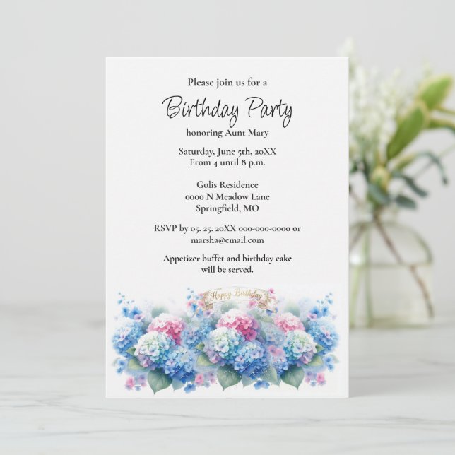 Birthday Party Blue Hydrangea Flower Invitation Einladung (Stehend Vorderseite)