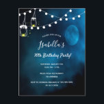 Birthday party blue moon lights mason jars Einladungspostkarte<br><div class="desc">A romantic invite card for a Sweet 16th birthday party . A dark and blue evening and night with a full moon and string lights. Two rustic painted mason jars with candles. Templates for date, name, eventplace, and RSVP details. The name is written with a modern hand lettered style script....</div>