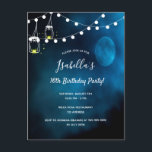 Birthday party blue moon lights mason jars Einladungspostkarte<br><div class="desc">A romantic invite card for a Sweet 16th birthday party . A dark and blue evening and night with a full moon and string lights. Two rustic painted mason jars with candles. Templates for date, name, eventplace, and RSVP details. The name is written with a modern hand lettered style script....</div>