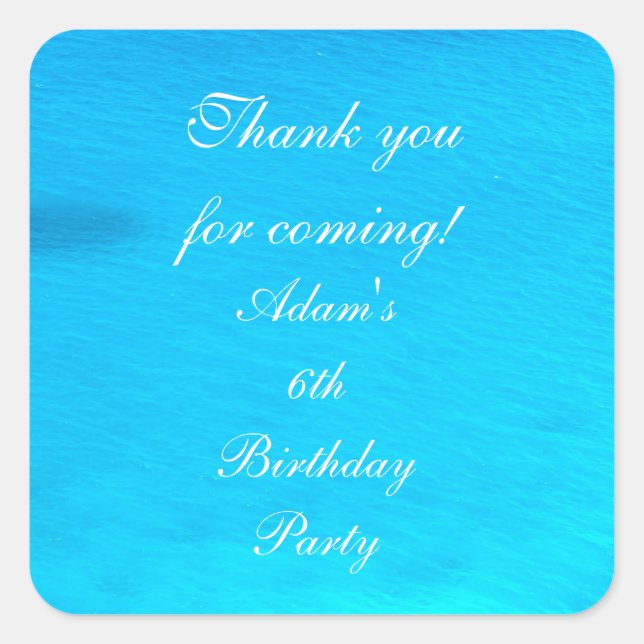 Birthday Party Blue Water Personalisiert Danke Quadratischer Aufkleber (Vorderseite)