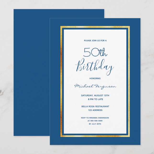 Birthday Party Blue White Gold Minimalist Einladung (Vorne/Hinten)