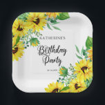 Birthday Party Boho Sunflowers | Eukalyptus Pappteller<br><div class="desc">Klassische und stilvolle,  moderne Sonnenblumen und Eukalyptus und andere Grünpflanzen Design "Birthday Party" auf einem bearbeitbaren weißen Hintergrund.</div>