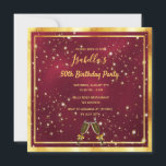 Birthday Party burgundy Goldblasen Einladung<br><div class="desc">Eine trendige,  moderne Einladungskarte für eine Frau. Ein klassischer bordeauxroter Hintergrund mit goldfarbenem Rahmen und Flöten aus Imitat,  Glas und Bläschen,  goldfarbenen Buchstaben. Die bordeauxfarbene Farbe ist ungleichmäßig. Vorlagen für Namen,  Alter und Party. Zurück: Burgund und Blasen</div>