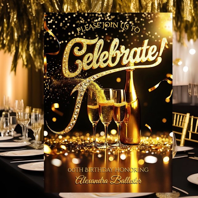 Birthday Party Celebrate Champagne Streamers Gold Einladung (Von Creator hochgeladen)