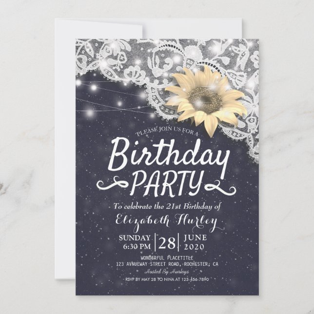 Birthday Party Chic Lace Sonnenblumen String Light Einladung (Vorderseite)