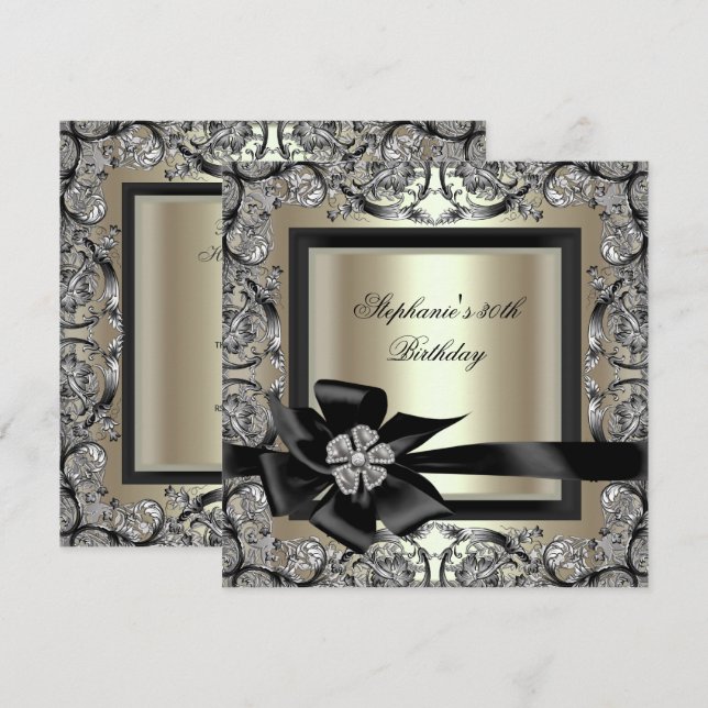 Birthday Party Creme Mint Gold Silver Black Bow 2 Einladung (Vorne/Hinten)