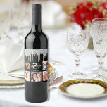 Birthday party custom photo glitter black silver weinetikett<br><div class="desc">For a 21st (or any age) birthday party, celebrating her life with a collage of 5 of your own photos. Personalize and add a name, age 21 and a date. Date of birth or the date of the party. White and gray colored letters. Classic black background color, decorated with faux...</div>