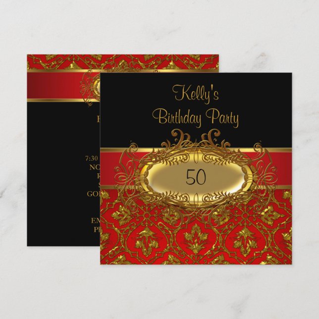 Birthday Party Damask Black Red Gold Einladung (Vorne/Hinten)