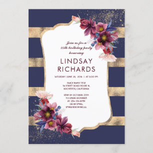 Birthday Party der Marine Burgund und Gold Floral Einladung