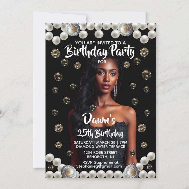 Birthday Party Diamond, & Pearl Photo Black Einladung (Vorderseite)