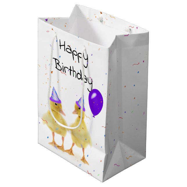 Birthday Party Ducks mit Ballon Mittlere Geschenktüte (Vorderseite Schrägansicht)