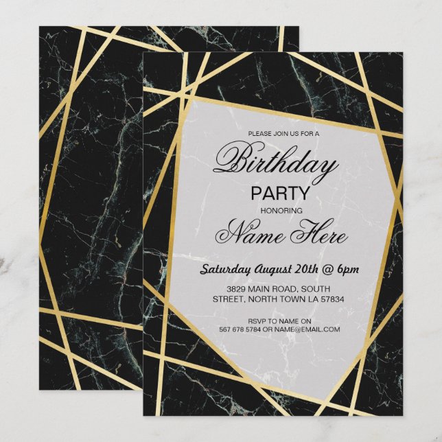 Birthday Party Einladung Elegantes Schwarzes Marmo (Vorne/Hinten)
