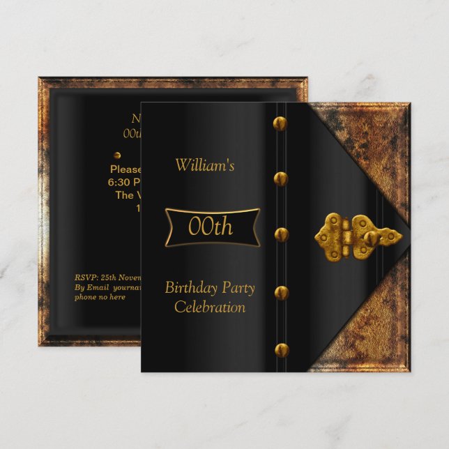 Birthday Party Elegante Mens Rusty Gold Black Einladung (Vorne/Hinten)