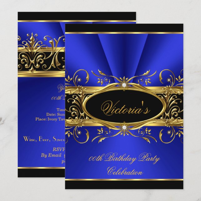 Birthday Party Elegante Royal Blue Gold Black Einladung (Vorne/Hinten)
