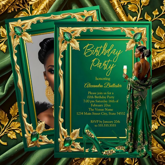 Birthday Party Emerald Green Gold high Heel Dress Einladung (Von Creator hochgeladen)