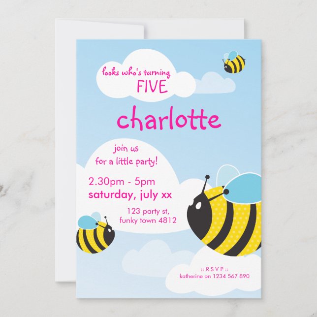 BIRTHDAY PARTY ERSUCHT: Bienen im Himmel 1P Einladung (Vorderseite)