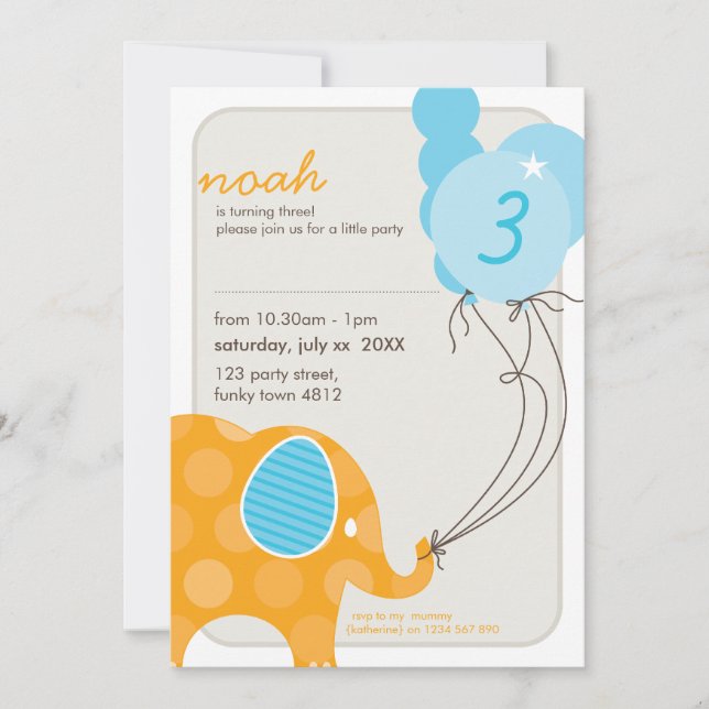 BIRTHDAY PARTY ERSUCHT: Elefant + Ballone 2P Einladung (Vorderseite)