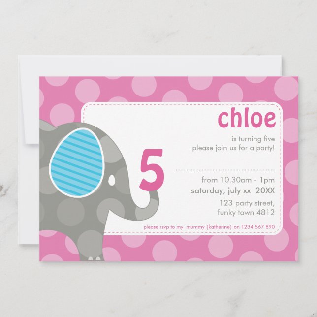 BIRTHDAY PARTY ERSUCHT: Elefant + Nummer 5L Einladung (Vorderseite)