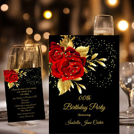 Birthday Party Exotic Rote Rose Black Floral Gold  Einladung