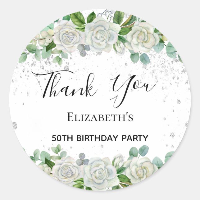 Birthday Party floralsilber Glitzer Danke Runder Aufkleber (Vorderseite)