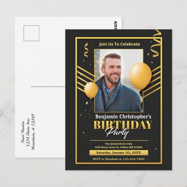 Birthday Party Foto Black Gold Einladung Postkarte (Vorne/Hinten)