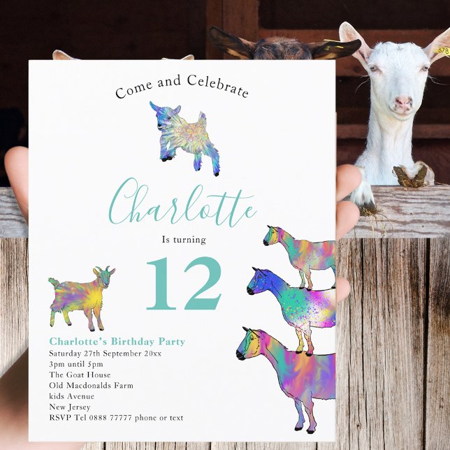 Birthday Party für farbenfrohe Ziegen (Cute goats colorful farm animal art 12th birthday party budget invitation  )