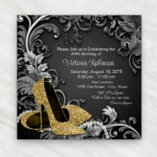 Birthday Party für Frauen mit Black Gold Shoe Einladung