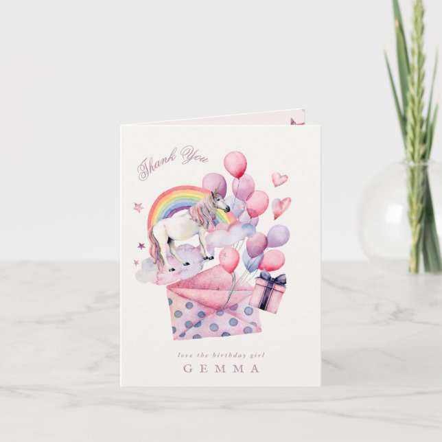 Birthday Party Girl Rainbow Balloons Unicorn Pink Dankeskarte (Vorderseite)