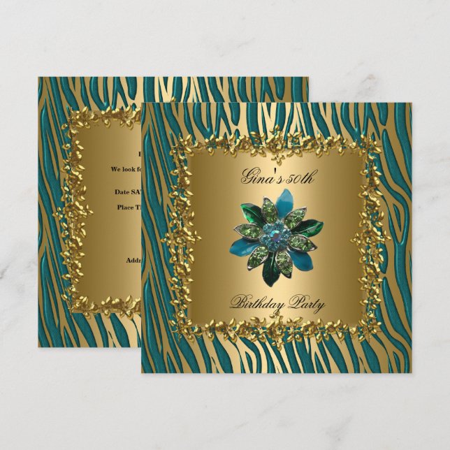 Birthday Party Gold Aquamarin Blue Floral Frauen 5 Einladung (Vorne/Hinten)