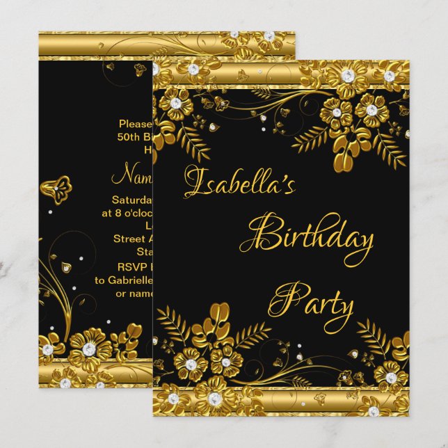 Birthday Party Gold Black Diamond Floral Swirl Einladung (Vorne/Hinten)