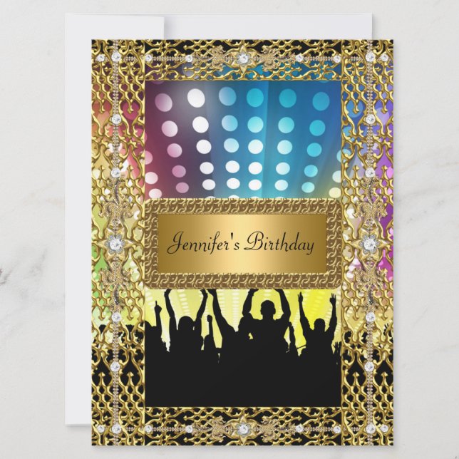 Birthday Party Gold Black Disco Jedes Alter Einladung (Vorderseite)