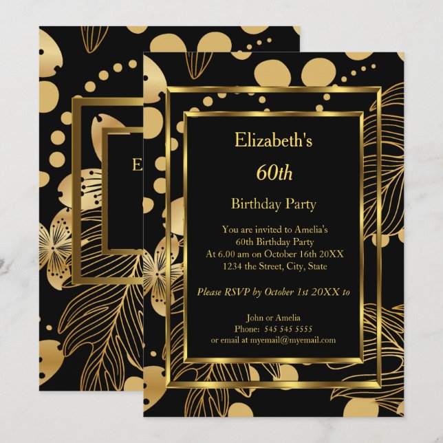 Birthday Party Gold Black Floral Einladung (Vorne/Hinten)