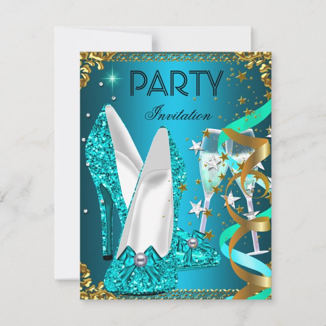 Birthday Party Gold Blue Shoes Einladung (Vorderseite)