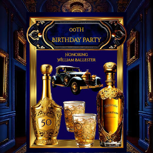 Birthday Party Gold Blue Vintage Car Drinks Einladung